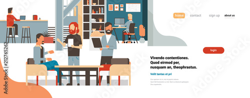 Business team brainstorming meeting group businesspeople using gudgets together office discussing flat banner copy space vector illustration