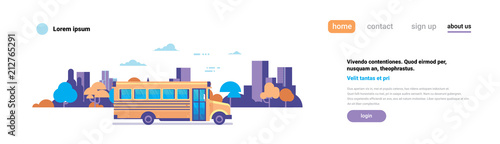 yellow bus back to school pupils transport concept on cityscape background flat copy space banner vector illustration