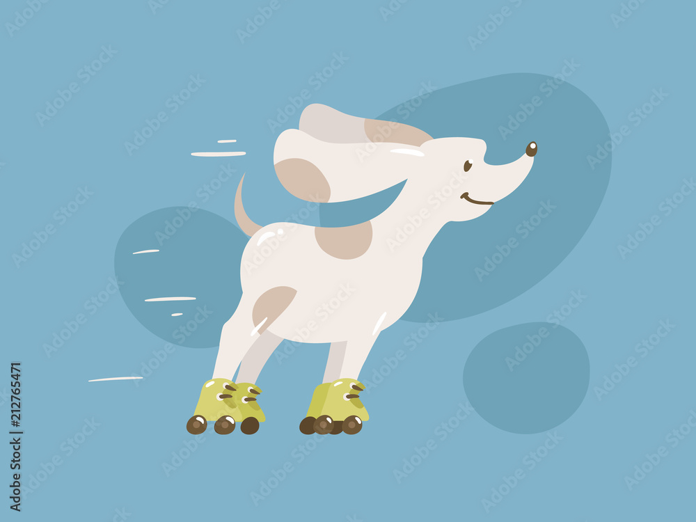 Happy cartoon white puppy running fast by retro roller skates. Cute  hand-drawn dog rollerblading outdoor. Hot summer card with illustration of  pet isolated on blue background. Stock Vector | Adobe Stock