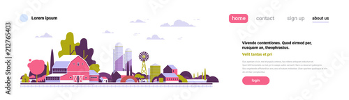 agriculture farm windmill barn buildings farmland countryside landscape flat design copy space banner vector illustration