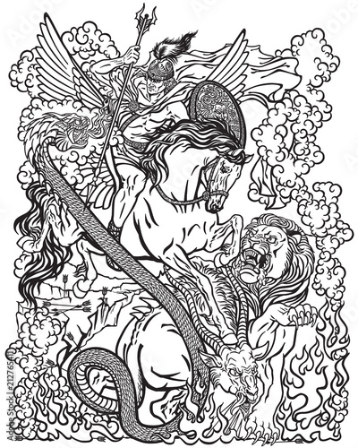 Fotografie the mythological hero Bellerophon riding the divine winged horse Pegasus and killing the monster creature as the Chimera