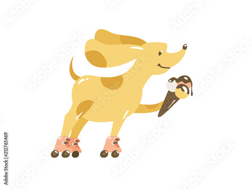 Happy cartoon yellow dog walking by retro roller skates. Cute doodle puppy with melting ice-cream rollerblading outdoor. Summer card with illustration of pet isolated on white background.