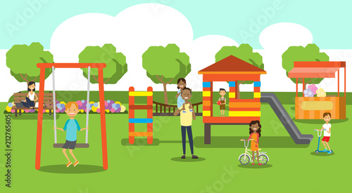 city park relaxing people children playground green lawn mix race people trees landscape background horizontal flat vector illustration