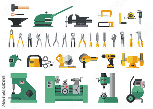 Set of master tools for metal. Big flat icon collection of hand tools and power electric machines for metal work factory process.