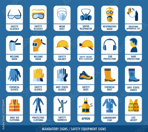Collection of safety equipment. Set of safety and health protection signs. Mandatory construction and industry signs. Protection on work.