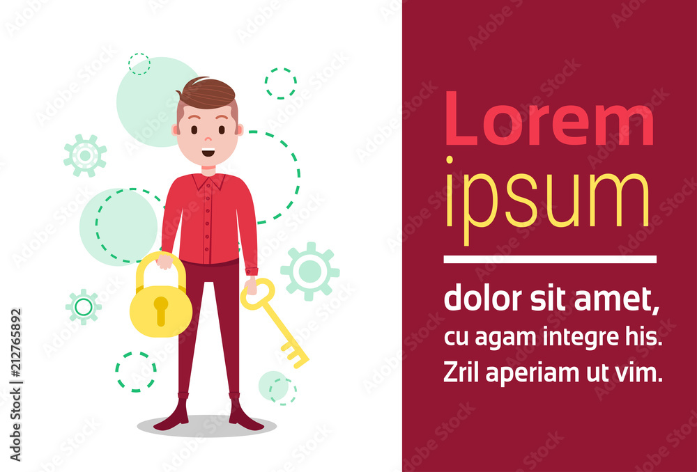man character holding key lock template for design work or animation over  white background full length flat copy space horizontal vector illustration  Stock Vector | Adobe Stock