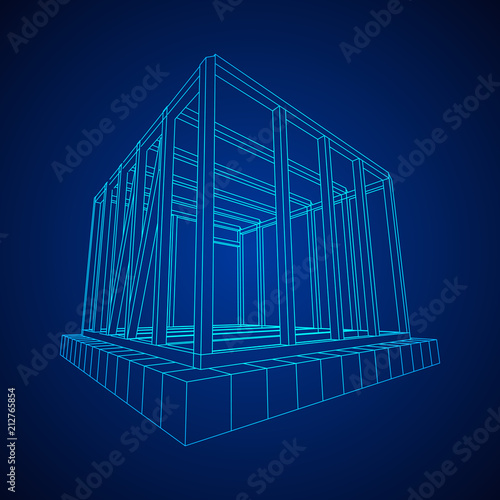 Abstract architecture building. Plan of modern framing house. Wireframe low poly mesh construction.