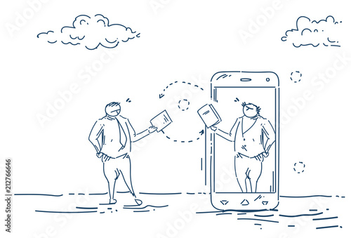 businessman change paper files mobile app business plan concept on white background sketch doodle vector illustration