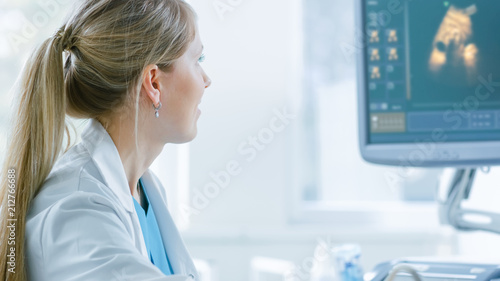 In the Hospital, Close-up Shot of an Obstetrician Uses Transducer for Ultrasound/ Scanning Belly of the Pregnant Woman. Computer Screen Shows 3D Image of the Healthy Forming Baby.