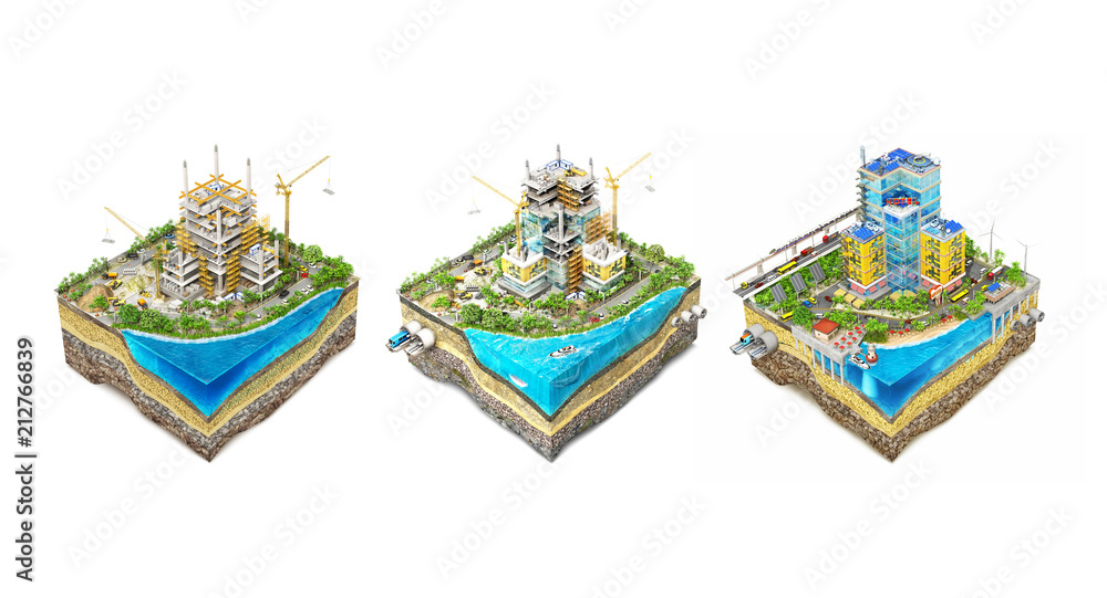 Construction concept. Building square. Process of construction on the sliced patch of earth. 3d illustration