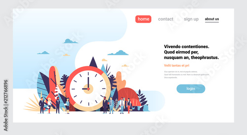 clock business people hand hold clipboard mix race working together punctuality concept over flat horizontal copy space vector illustration