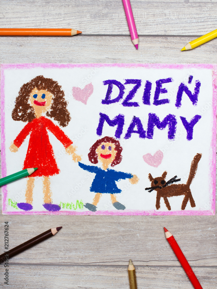 Kolorowy ręczny rysunek przedstawiający laurkę na Dzień Matki  - obrazy, fototapety, plakaty 