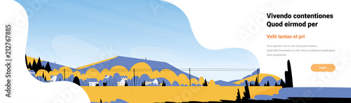 Mountain yellow landscape power lines horizontal banner flat copy space vector illustration