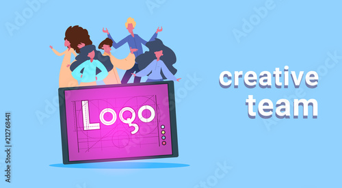 casual people group on tablet with logo creative team over blue background flat lettering horizontal vector illustration