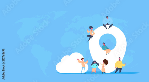 people group working on geotag cloud over blue world map background flat horizontal vector illustration