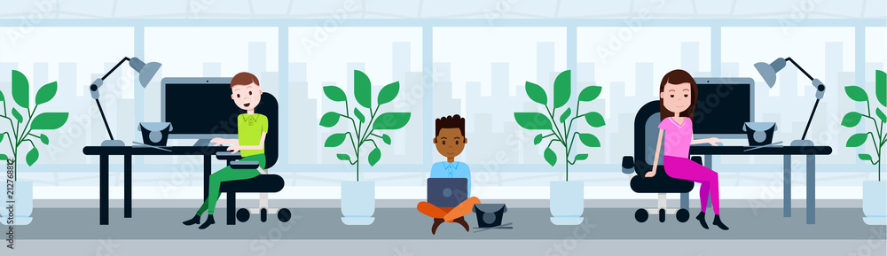 peole team sitting office working desk lunch break asian food concept mix race template for design work and animation flat banner vector illustration