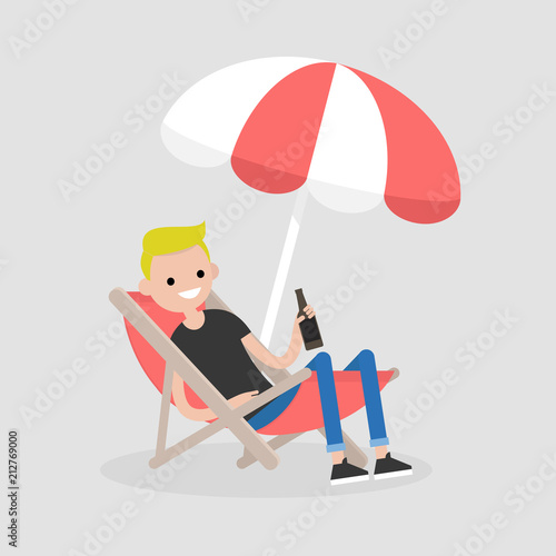 Young character sitting in a chaise lounge under the beach umbrella  and drinking beer. Vacation. Summer. Weekend. Outdoor. Flat editable vector illustration, clip art