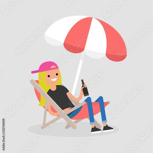 Young female character sitting in a chaise lounge under the beach umbrella  and drinking beer. Vacation. Summer. Weekend. Outdoor. Flat editable vector illustration, clip art