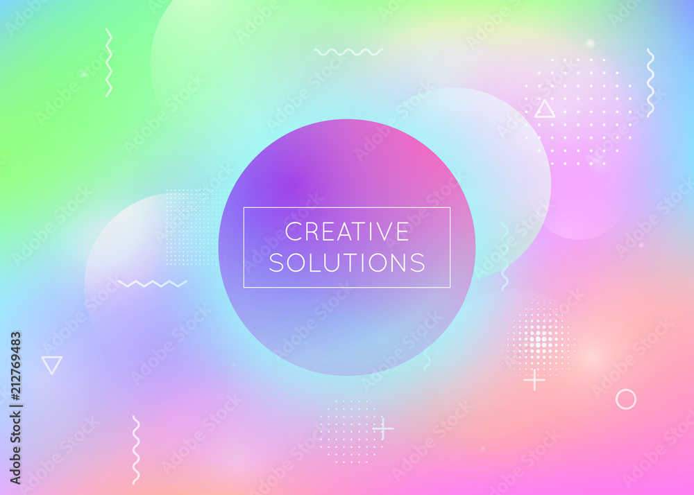 Holographic background with liquid shapes. Dynamic bauhaus gradient with memphis fluid elements. Graphic template for brochure, banner, wallpaper, mobile screen. Rainbow holographic background.