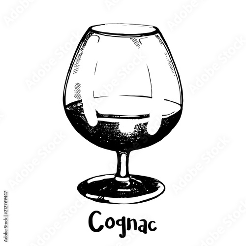 Hand drawn sketch style glass of cognac isolated on white background. Vector illustration.