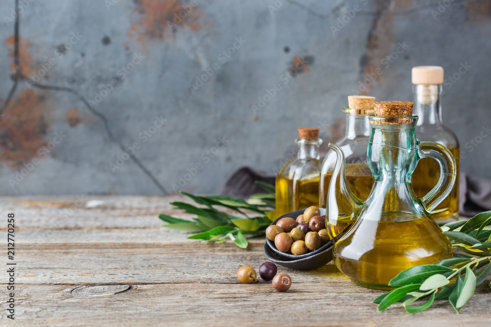 Assortment of fresh organic extra virgin olive oil in bottles Assortment of fresh organic extra virgin olive oil in bottles