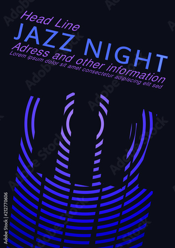 Jazz night dark purple and blue poster design with concentric circles and piano keys 