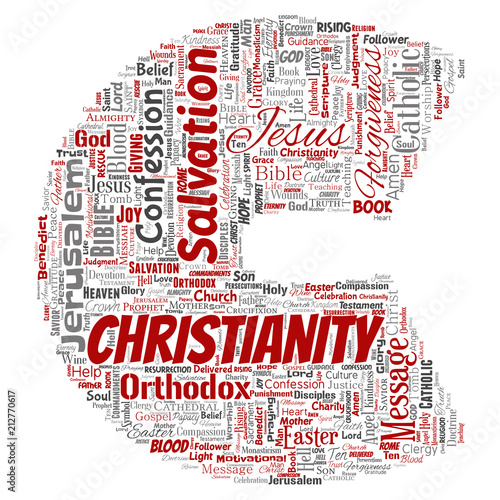 Vector conceptual christianity, jesus, bible, testament letter font C red  word cloud isolated background. Collage of teachings, salvation resurrection, heaven, confession, forgiveness, love concept