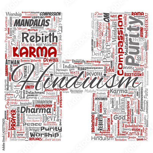 Vector conceptual hinduism, shiva, rama, yoga letter font H red word cloud isolated background. Collage of mandalas, samsara, celebration, tradition, peace, compassion, rebirth, karma, dharma concept