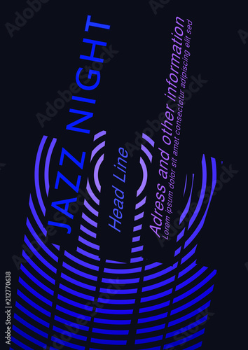 Jazz night dark purple and blue poster design with concentric circles and piano keys 