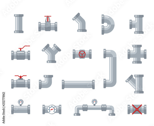 Pipe steel and plastic connectors, water tubes. Plumbing, pipeline parts and valves, industrial drainage system vector flat icons