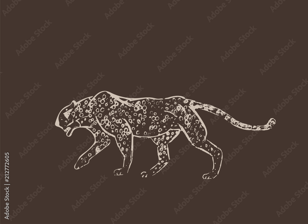Cheetah. Hand drawn ink sketch. Horizontal drawing. Vector engraving. Predator line art. White line illustration isolated on dark brown background.