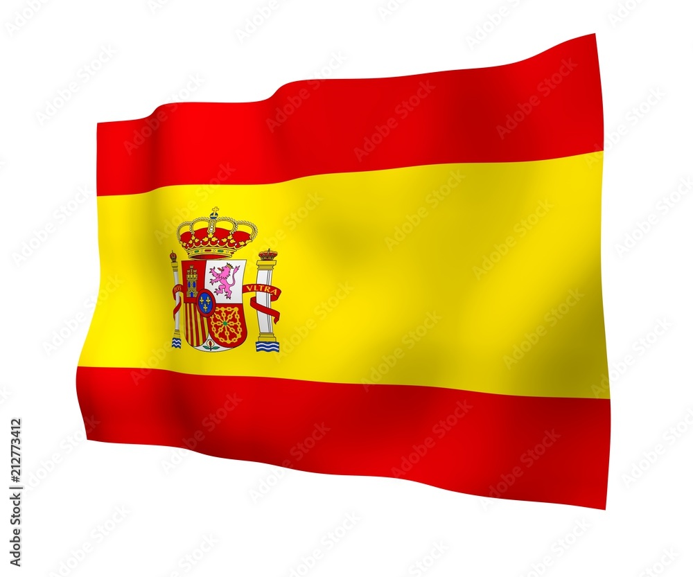 The flag of Spain. Official state symbol of the Kingdom of Spain. Concept: web, sports pages, language courses, travelling, design elements. 3d illustration The flag of Spain. Official state symbol of the Kingdom of Spain. Concept: web, sports pages, language courses, travelling, design elements. 3d illustration