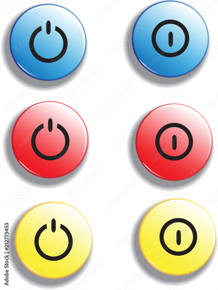 Set of colorful glossy buttons turn on off, vector items for game or web design Set of colorful glossy buttons turn on off, vector items for game or web design