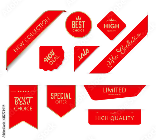 New tag ribbon and banner vector red badges.