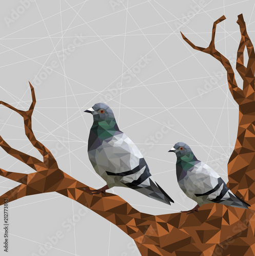 Low poly couple pigeon bird on dry tree with gray back ground,animal geometric concept,Abstract vector