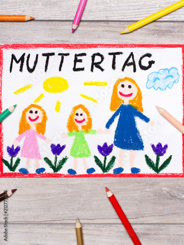 Colorful drawing - German Mother's Day card with words: Mother's day