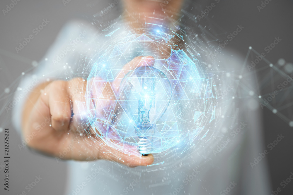 Businesswoman holding a lighbulb with connections in her hand 3D rendering Businesswoman holding a lighbulb with connections in her hand 3D rendering