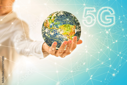 Earth from Space in hands  globe in hands. 5G k Internet mobile wireless concept. Elements of this image furnished by NASA. 3D illustration.