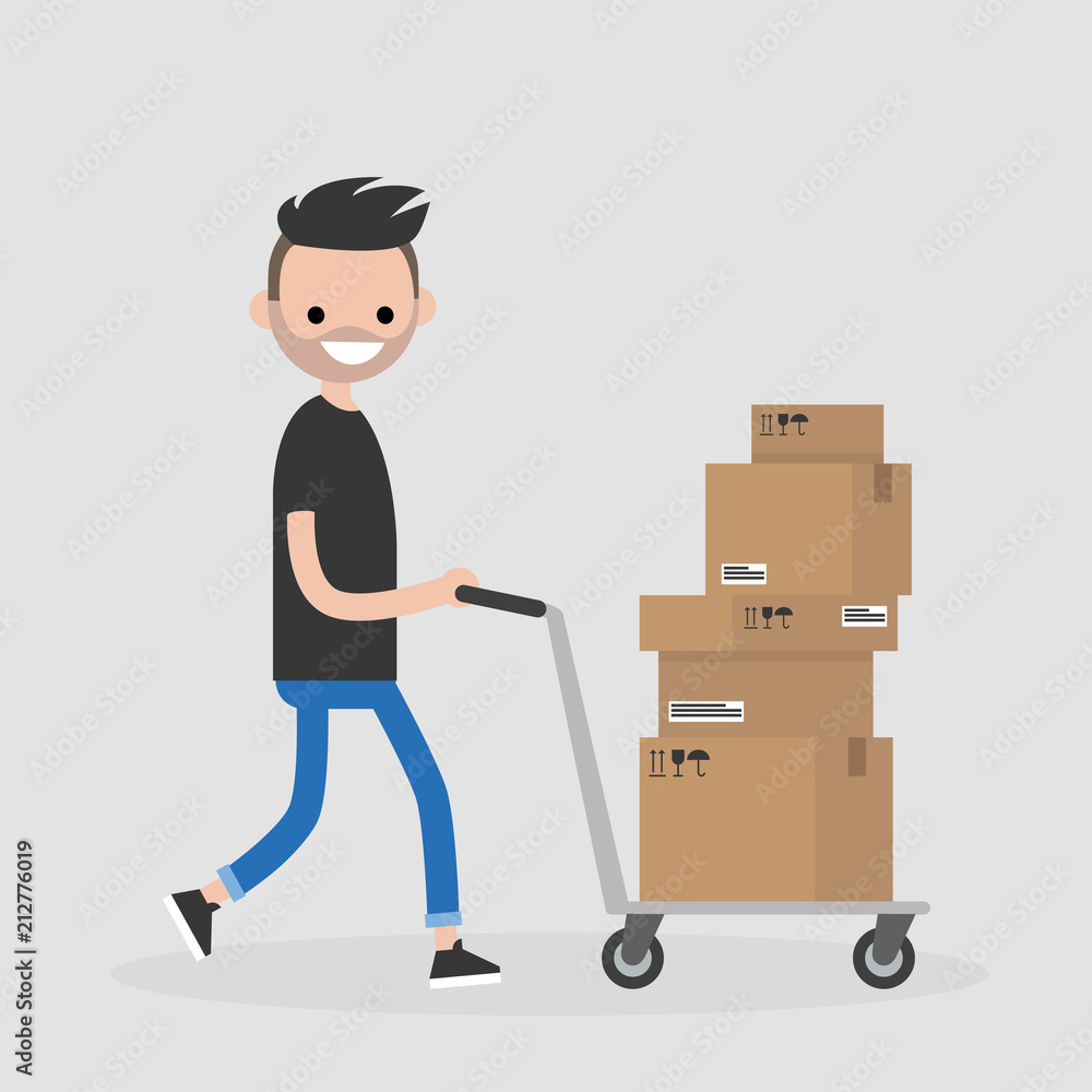Young courier rolling a pushcart. Cargo. Delivery service. Flat editable vector illustration, clip art Young courier rolling a pushcart. Cargo. Delivery service. Flat editable vector illustration, clip art