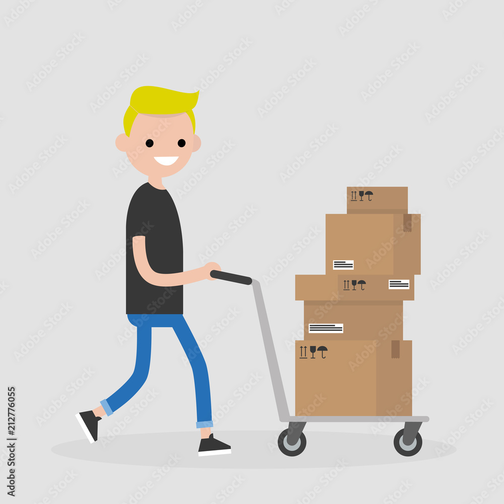 Young courier rolling a pushcart. Cargo. Delivery service. Flat editable vector illustration, clip art Young courier rolling a pushcart. Cargo. Delivery service. Flat editable vector illustration, clip art