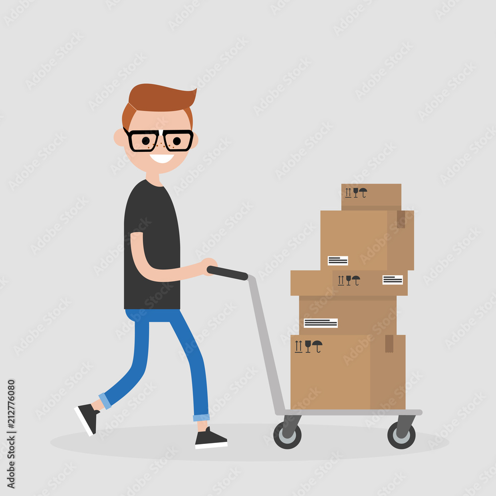 Young courier rolling a pushcart. Cargo. Delivery service. Flat editable vector illustration, clip art Young courier rolling a pushcart. Cargo. Delivery service. Flat editable vector illustration, clip art