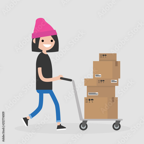Young courier rolling a pushcart. Cargo. Delivery service. Flat editable vector illustration, clip art