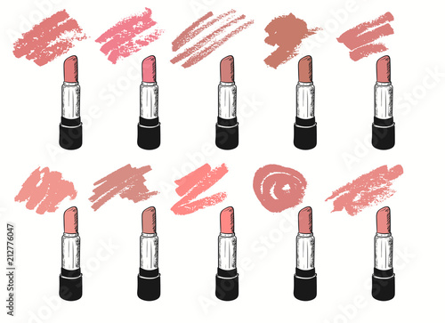 Vector set with trendy nude shades of lipstick on white background. Illustration in grunge sketch style with lipsticks and smears.You can easy change colors in the editor