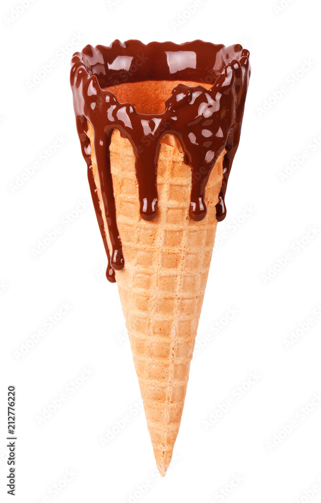 Crispy cone wafers covered with melted chocolate on a white background. Crispy cone wafers covered with melted chocolate on a white background.