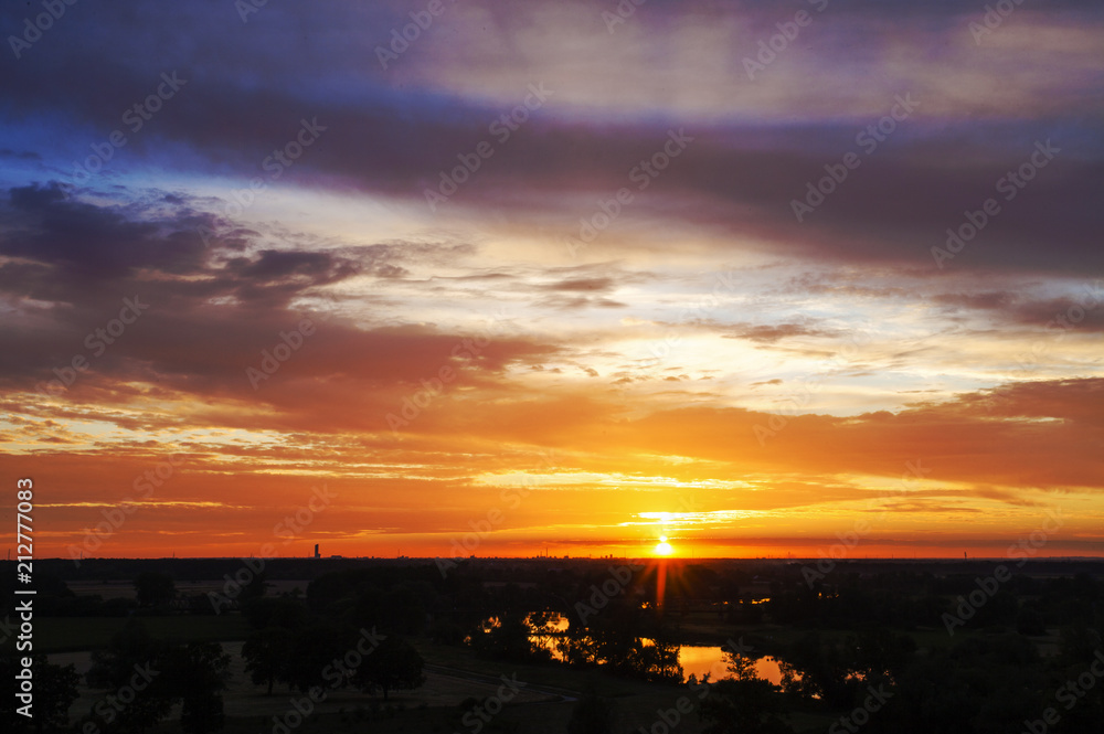 Sunset overlooking the city of Wroclaw. Setting sun