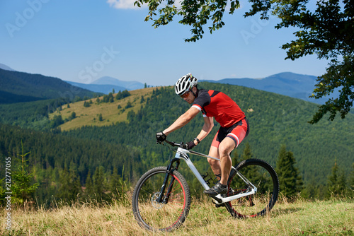 Strong athletic sportsman in professional sportswear cycling a bicycle in high grass under big green tree branch on beautiful mountains summer background. Active lifestyle and extreme sport concept