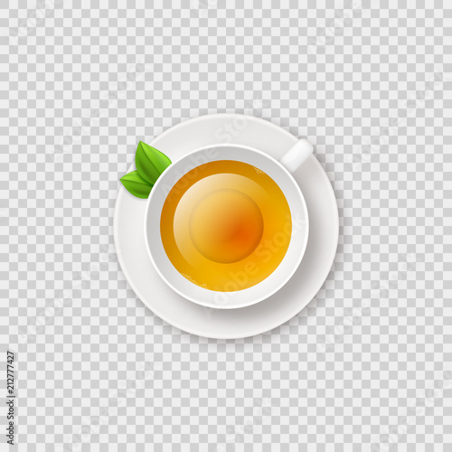 Realistic shiny tea cup with herbal green tea vector illustration on transparent checkered background. Tea cup top view.