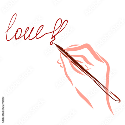 Hand writing the word LOVE, exclamation mark in the shape of the heart