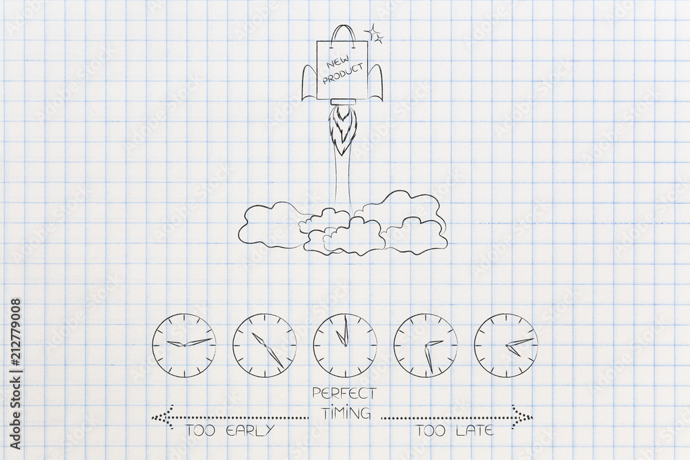 when to launch a new product with shopping bag flying like a rocket and clocks with time passing by from too early to perfect timing to too late when to launch a new product with shopping bag flying like a rocket and clocks with time passing by from too early to perfect timing to too late