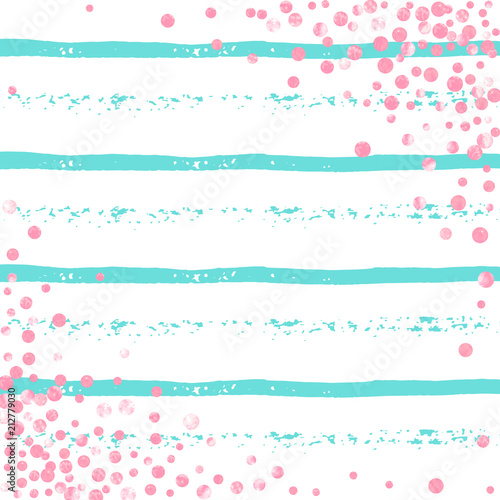 Pink glitter dots confetti on turquoise stripes. Falling sequins with metallic shimmer. Design with pink glitter dots for party invitation, event banner, flyer, birthday card.